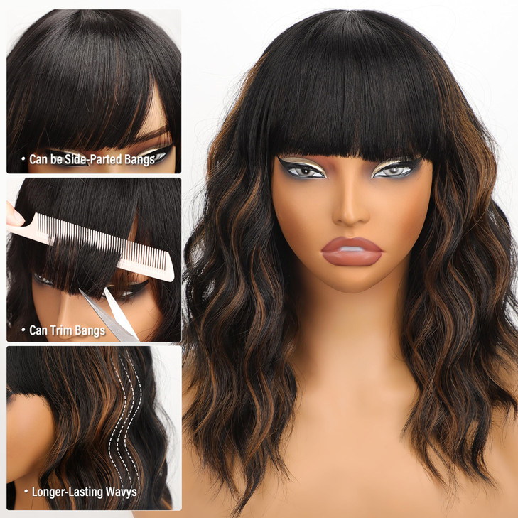 Nnzes Black Mixed Brown Wig with Bangs Short Bob Wavy Wigs Synthetic Curly Wig for Women Natural Looking Heat Resistant