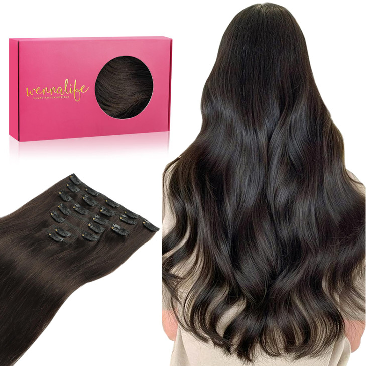 WENNALIFE Clip in Hair Extensions Real Human Hair 18 Inch 120g 7pcs Human Hair Extensions Clip Ins Dark Brown Coloured R