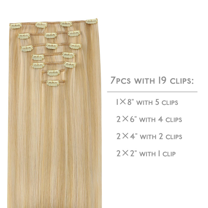WENNALIFE Clip in Human Hair Extensions 16 Inch 120g 7pcs Light Blonde Highlighted Golden Blonde Hair Extensions Clip In