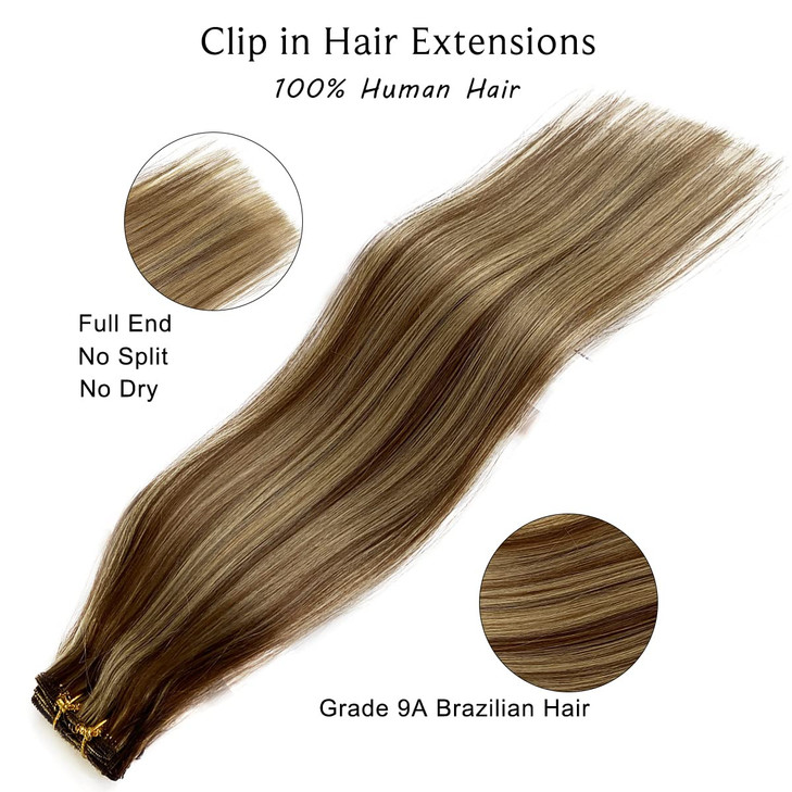 Clip in Hair Extensions Real Human Hair Clip in Extensions18 Inch Chestnut Brown Balayage Blonde Highlights Real Hair Ex