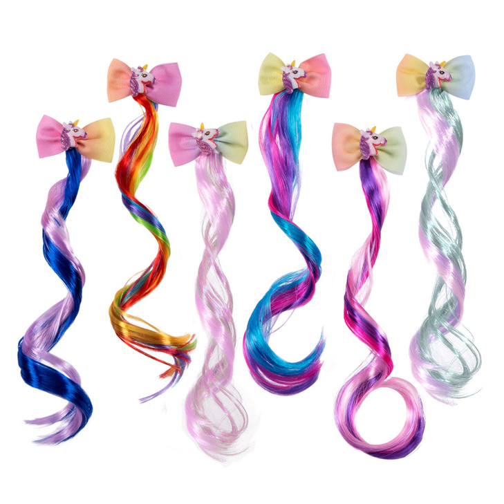 Ideal Swan 6 Set Hair Extensions Clip Colored Straight Curly Hair Extensions for Kids Ponytails Girls Rainbow Thick Wig