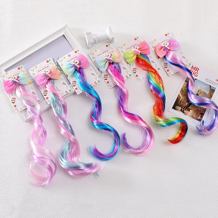 Ideal Swan 6 Set Hair Extensions Clip Colored Straight Curly Hair Extensions for Kids Ponytails Girls Rainbow Thick Wig