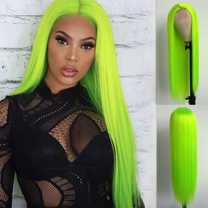 Aubree Fluorescent Green Wigs for Women Neon Green Long Straight Lace Front Synthetic Wigs with Baby Hair Glueless Heat