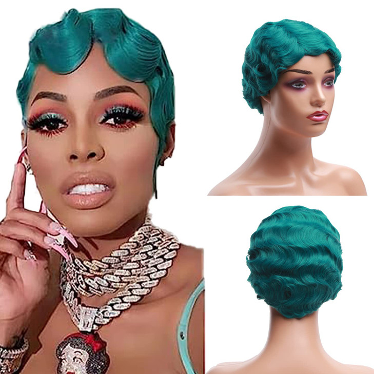 Sheila Beauty Short Wigs for Black Women Finger Wave Wig Blue Green Pixie Cut Curly Wig for Women Natural Looking Short