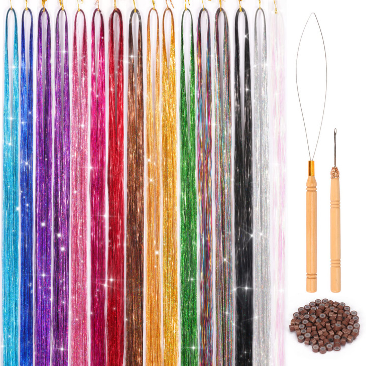 16 Colors Hair Tinsel Kit ELASO 48 Inches 3300 Strands Tinsel Hair Extensions Fairy for Christmas Halloween Cosplay Part
