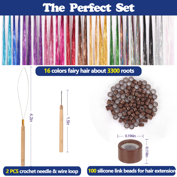 16 Colors Hair Tinsel Kit ELASO 48 Inches 3300 Strands Tinsel Hair Extensions Fairy for Christmas Halloween Cosplay Part