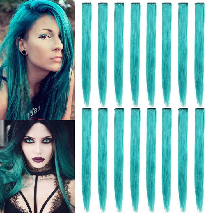 SHKJCHP 16 Pcs Straight One Color Party Highlights Clip on in Hair Extensions Colored Hair Streak Synthetic Hairpieces T