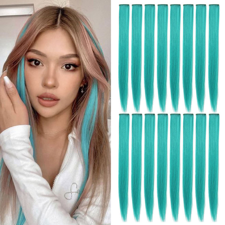 SHKJCHP 16 Pcs Straight One Color Party Highlights Clip on in Hair Extensions Colored Hair Streak Synthetic Hairpieces T