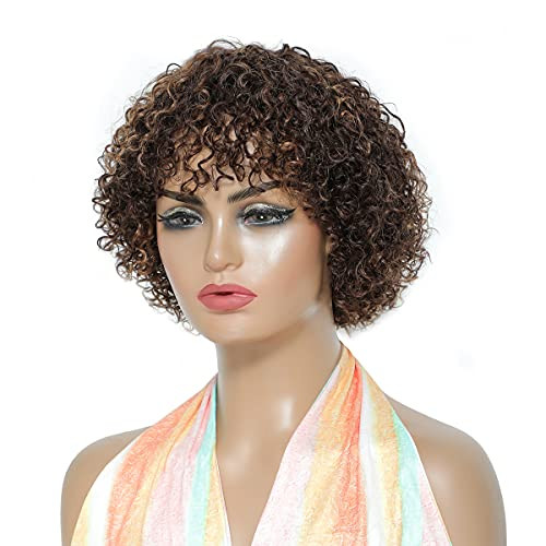 Bob Curly Human Hair Wigs for Black Women 150 Density Brown Mix Auburn Glueless Short Wig by Brand Name