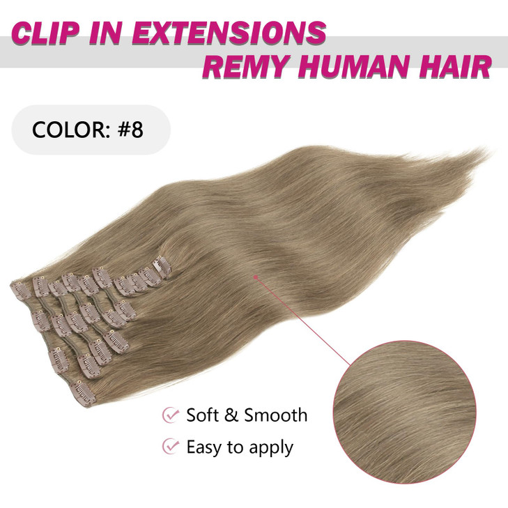 SixStarHair Ash Brown Clip In Remy Human Hair Extensions 20inch 180g 10 Pieces Wefts with 21 Clips Cold Tone