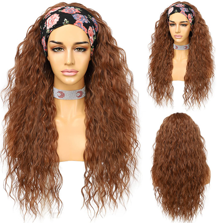 SOMIARIK Glueless Loose Curly Headband Wig Long Curly Bright Brown Wigs for Black Women None Lace Front Wigs Natural Hai