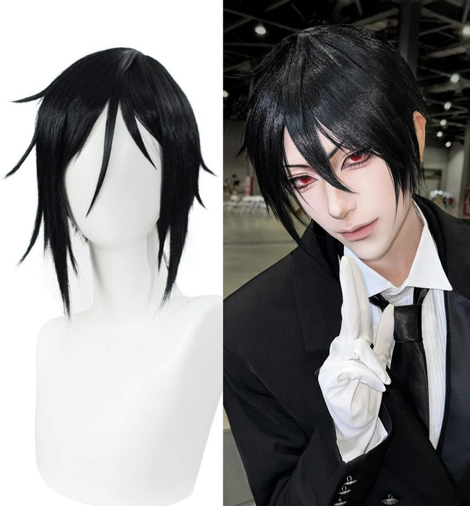 LABEAUT Anime Short Straight Black Wig with Bangs for Male Mens Spiky Cosplay Wig for Halloween Free Cap
