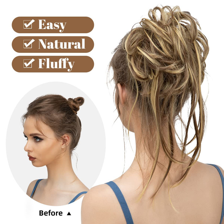 CJL HAIR Messy Bun Hair Piece Curly Hair Bun Extensions with Straight Tails Synthetic Hair Scrunchies Ponytail Hairpiece
