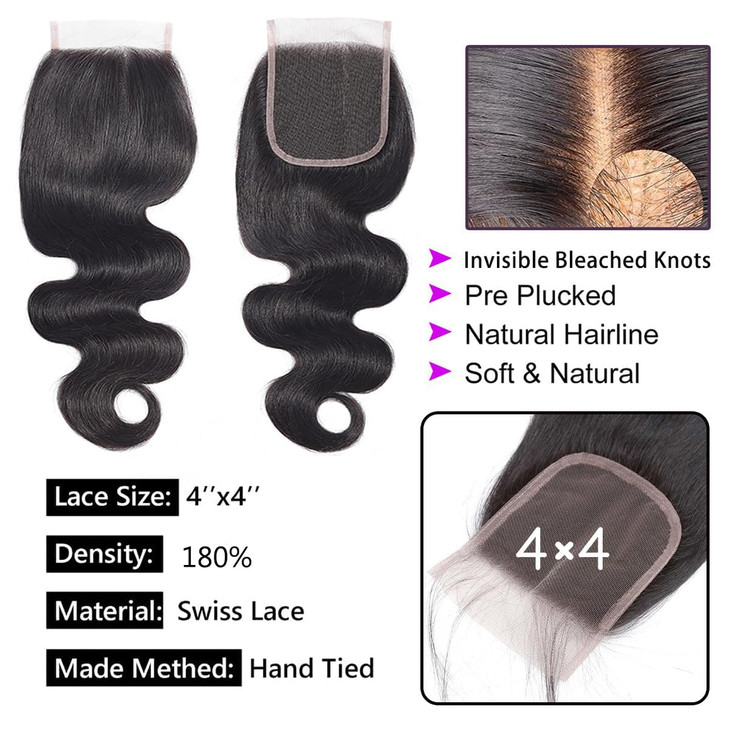 Selina Lace Closure 18 Inch Brazilian Body Wave Closure Free Part Lace Closure 4X4 Unprocessed Human Hair Natural Black