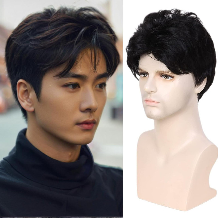 BECUS Human Hair Wig Black Wig Human Hair Wigs Mens Wigs Short Costume Cosplay Natural Daily Use HollaweenFree WigCap