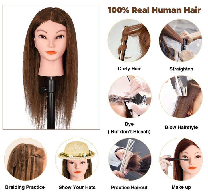 Mannequin Head with 100 Real Human Hair Beauty Star Manikin Doll Head for Hair Styling Cosmetology Hairdressing Training