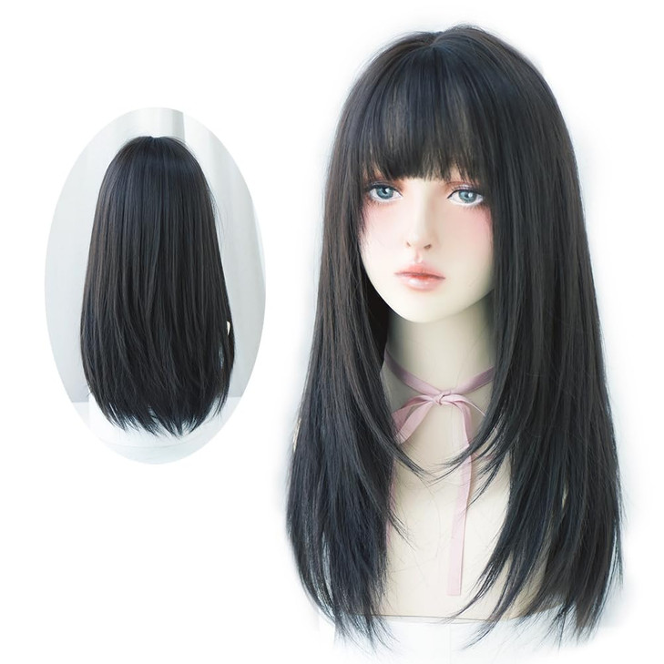 URCGTSA Long Straight Black Hair With Bangs Synthetic Soft Layer Wig For Women Party Cosplay Supply Wig 22inch Dark brow