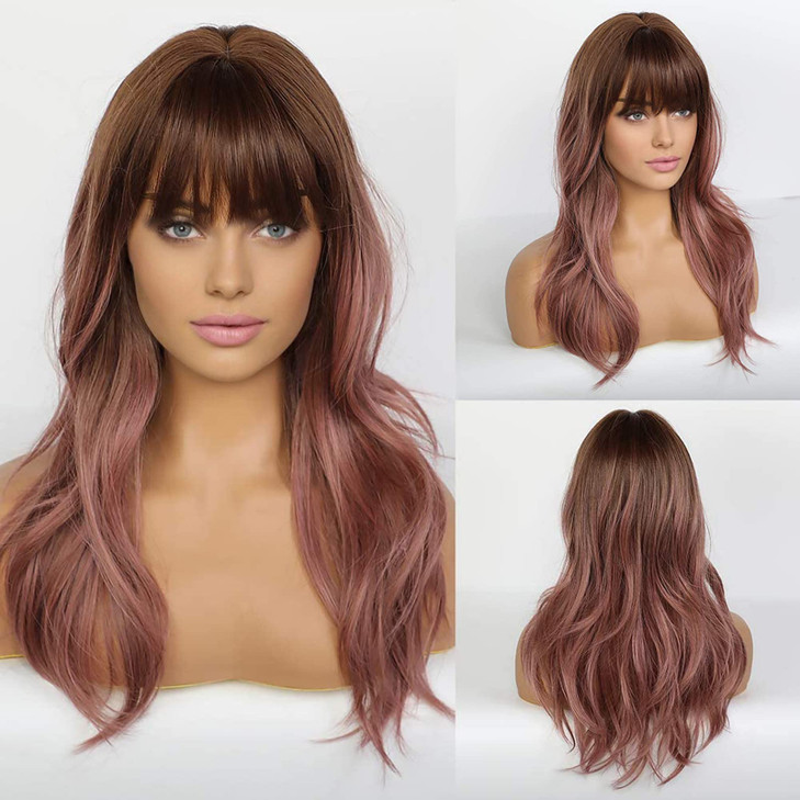 EMMOR Long Wavy Wigs with Bangs for Women 20 Inch Natural Curly Hair With Air Bang Synthetic Ombre Wigs Party Cosplay Da