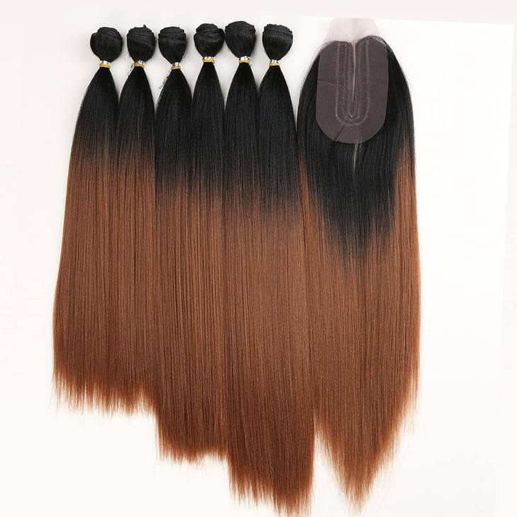 DBUT Yaki Straight Synthetic Hair 6 Bundles with Simple Closure Heat Resistant Kinky Straight Hair Weave 7pcs 250g for F