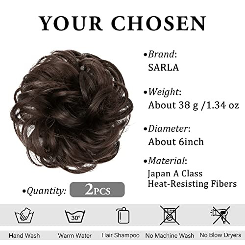 SARLA 2PCS Messy Hair Bun Hair Pieces Wavy Curly Synthetic Updo Fake Scrunchies Ponytail Extension for Women Dark Brown