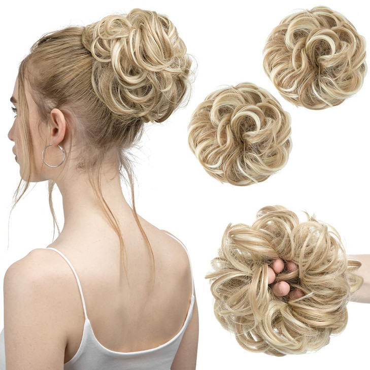 SARLA 2PCS Messy Hair Bun Hair Pieces Wavy Curly Synthetic Updo Fake Scrunchies Ponytail Extension for Women Dirty Blond
