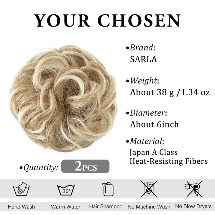 SARLA 2PCS Messy Hair Bun Hair Pieces Wavy Curly Synthetic Updo Fake Scrunchies Ponytail Extension for Women Dirty Blond