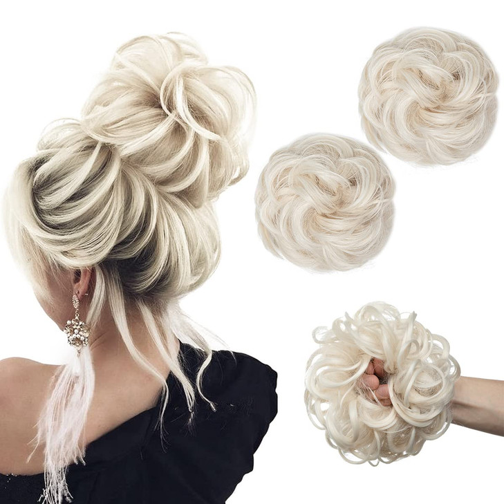 SARLA 2PCS Messy Hair Bun Hair Pieces Wavy Curly Synthetic Updo Fake Scrunchies Ponytail Extension for Women Platinum Bl