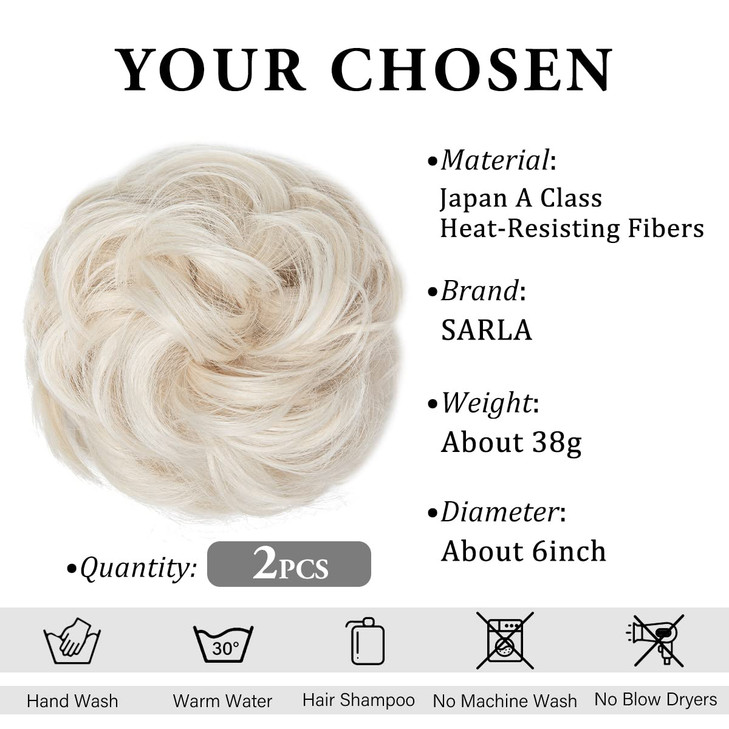 SARLA 2PCS Messy Hair Bun Hair Pieces Wavy Curly Synthetic Updo Fake Scrunchies Ponytail Extension for Women Platinum Bl