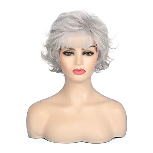 Kaneles Short Grey Wigs for Women Curly Wig with Bangs Fluffy Natural Looking Old Lady Synthetic Costume Daily Party Cos