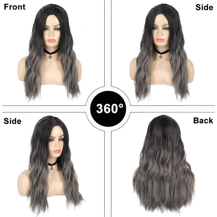 Sallcks Womens Ombre Grey Wig Long Curly Wavy Black Grey Middle Part Synthetic Halloween Cosplay Costume Wig
