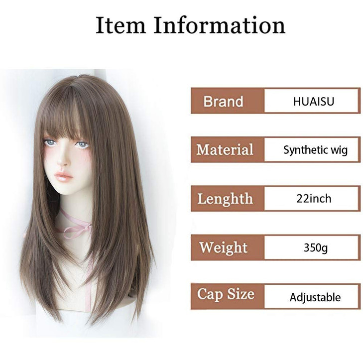 HUAISU Long Black Straight Hair Wig with Bangs Synthetic High Density Long Hair Wig for Women Cold Brown