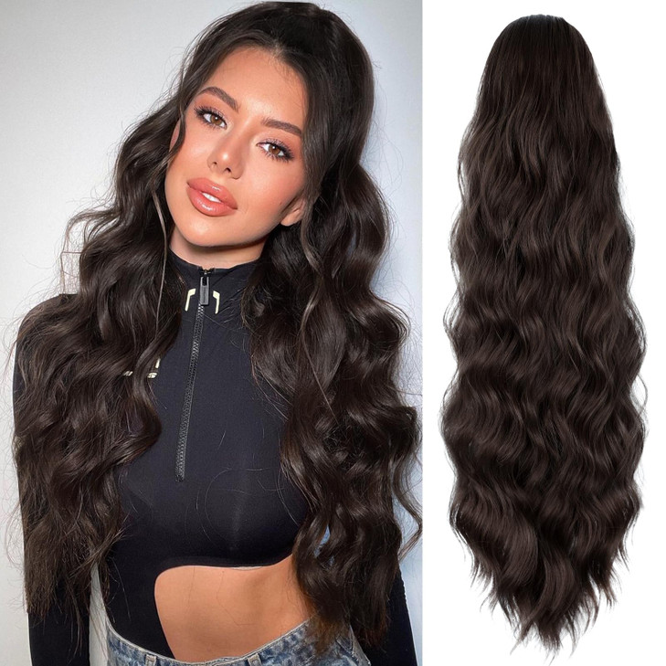 FREEMEIGE Ponytail Extension 26 Inch Long Wavy Drawstring Ponytail for Women Dark Brown Pony Tail Hair Extension Synthet