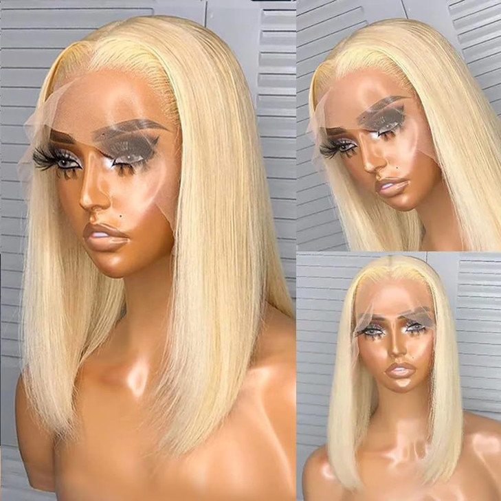 613 Bob Wigs 13x4 HD Lace Front Blonde Human Hair Silky Straight Middle Part Bob Wigs Bleached Knots Glueless 180 Densit