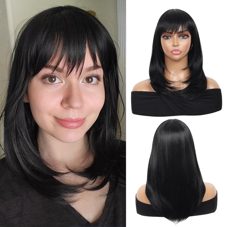 Kalyss Black Wig with Bangs Layered Wigs for Women Natural Looking Heat Resistant Synthetic Hair Wigs for Women Medium L