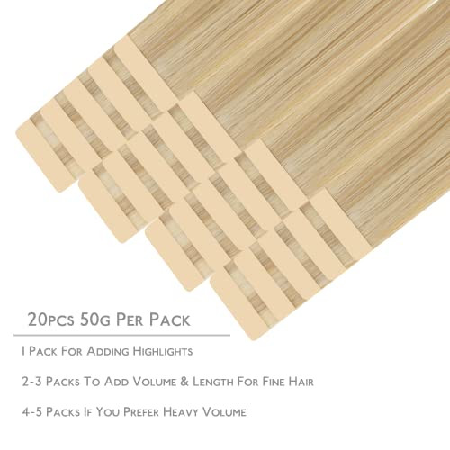 WENNALIFE Tape in Hair Extensions Human Hair 20pcs 50g 18 inch Light Blonde Highlighted Golden Blonde Remy Hair Extensio