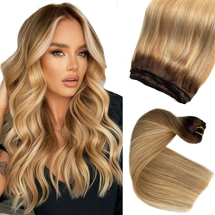 Ombre Brown Balayage Golden Brown Mixed Blonde Highlights Human Hair Wefts 16 Inch Sew in Hair Extensions Real Human Hai