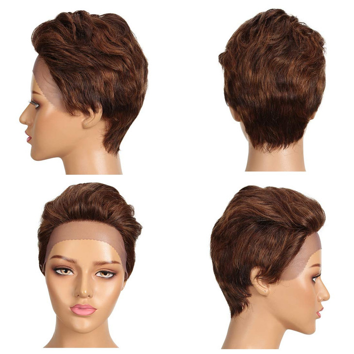 DBUT Short Lace Front Wigs Human Hair Wigs Pixie Wigs Brazilian Virgin Hair 9 Inches 79g Medium Brown 430 Color