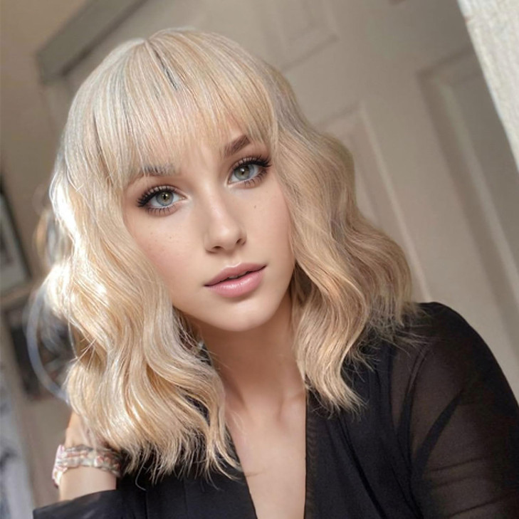 VCKOVCKO Natural Blonde Wigs With Air Bangs for Women Womens Shoulder Length Curly Wavy Synthetic blonde wig with bang W