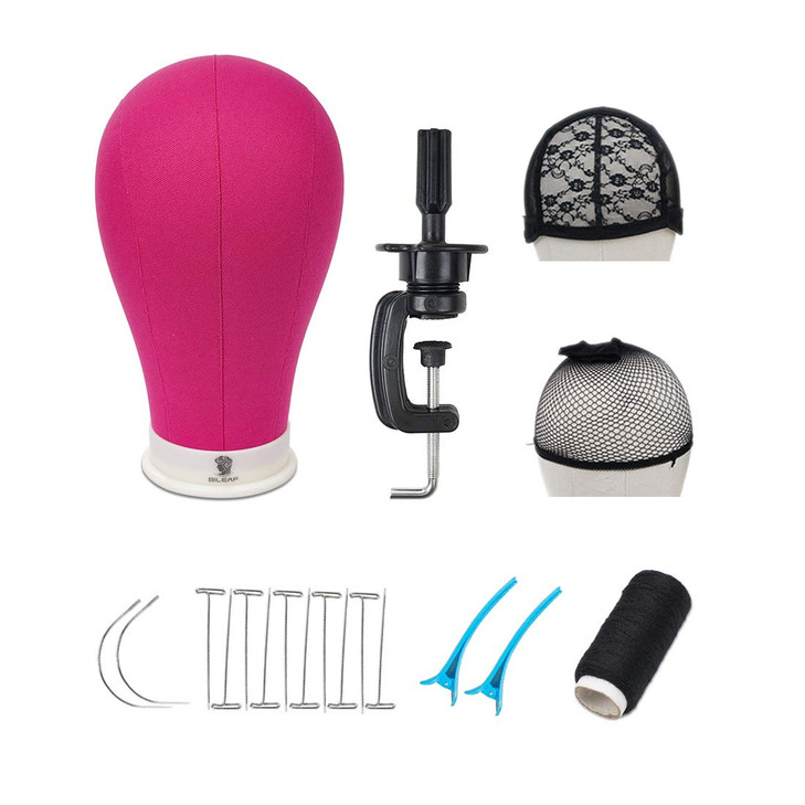 22 Inch Canvas Block Head Mannequin Wig Head With Stand Pink for Display with Mount HolesRosy