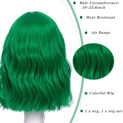 LABEAUT Green Wavy Bob Wig with Air Bangs Heat Resistant St Patricks Day Wig 14 inch Mint Green