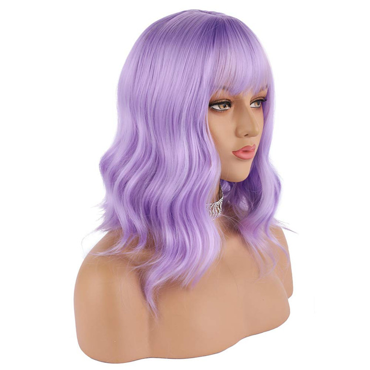 eNilecor Lavender Purple Wig Short Colorful colored Curly Wavy Synthetic Bob Wigs with Air Bangs 14 Natural Lilac Neon W