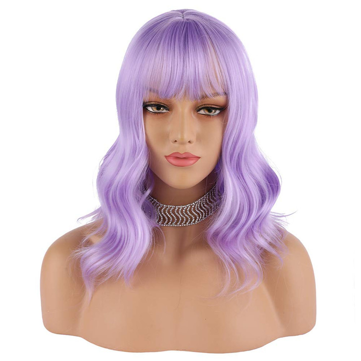 eNilecor Lavender Purple Wig Short Colorful colored Curly Wavy Synthetic Bob Wigs with Air Bangs 14 Natural Lilac Neon W