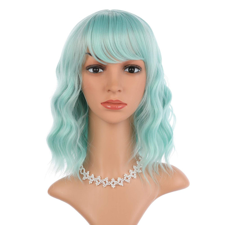 eNilecor Mint Green Wig with Air Bangs14 Short Curly Wavy Bob Wig for WomenShoulder Length Fun Wigs Synthetic Colorful W