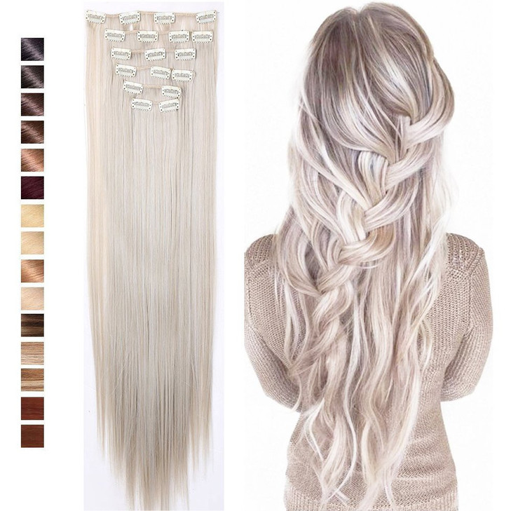 Snoilite 26 Long Straight Curly 8 Pcs Clip in on Hair Extensions Blonde Mix Light Grey Full Head Set Thick Hairpiece Syn
