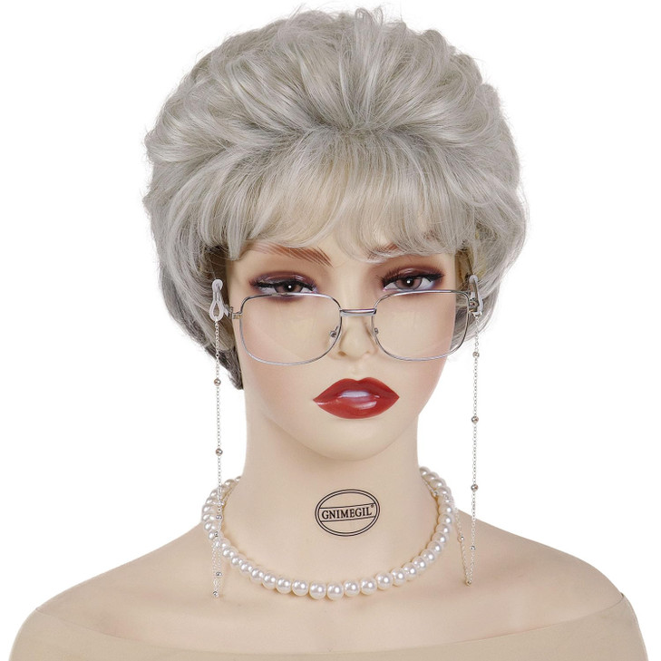 GNIMEGIL Short Ombre Curly Hair Wigs For Seniors Women Silver Grey Wig Old Lady Costume Grandma Gray Synthetic Elderly W