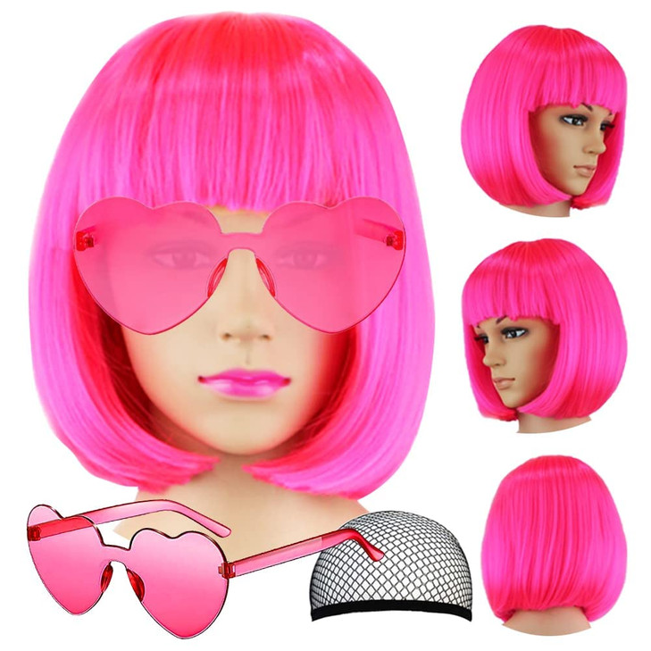 Short Bob Wigs with Bangs 6 Pack Bob Wigs Fruit Beach Series Set with Heart Shape Sunglasses Hairpieces for Neon Hallowe