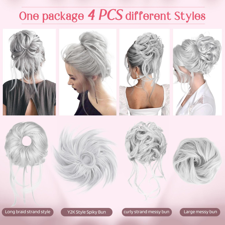 HOOJIH Messy Bun Hair Pieces 4 Pieces Messy Bun Straight Bun Hair Pieces for Women Wavy Tousled Updo Short Ponytail Hair