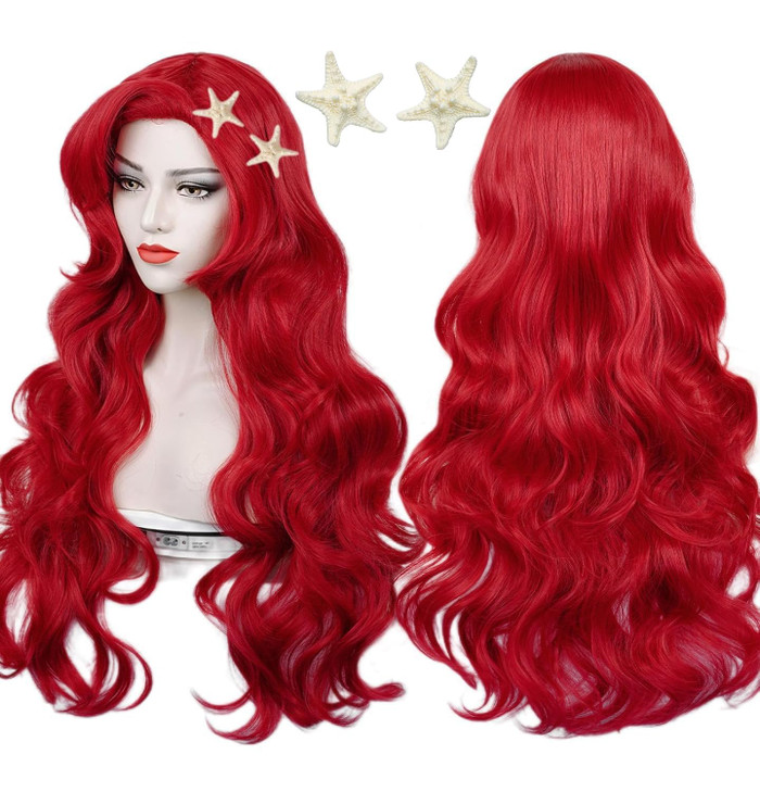 Red Curly Wig Max Beauty Red Mermaid Cosplay Wigs for Woman with Starfish Hair Clips Adult Long Hair Daily Wig Heat Resi