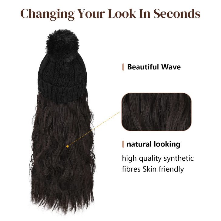 Flufymooz Beanie Wig Hat Hair Extension Long Wavy Curly Black Hat Wig with Faux Fur Pom Hat wig hat Attached 20 Inch Syn
