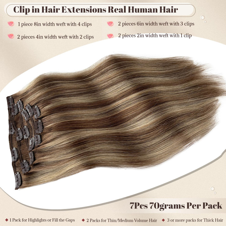 Balayage Clip in Extensions Real Human Hair 15 Inch Thick Ends Full Straight Ombre Balayage Brown to Beige Blonde Human